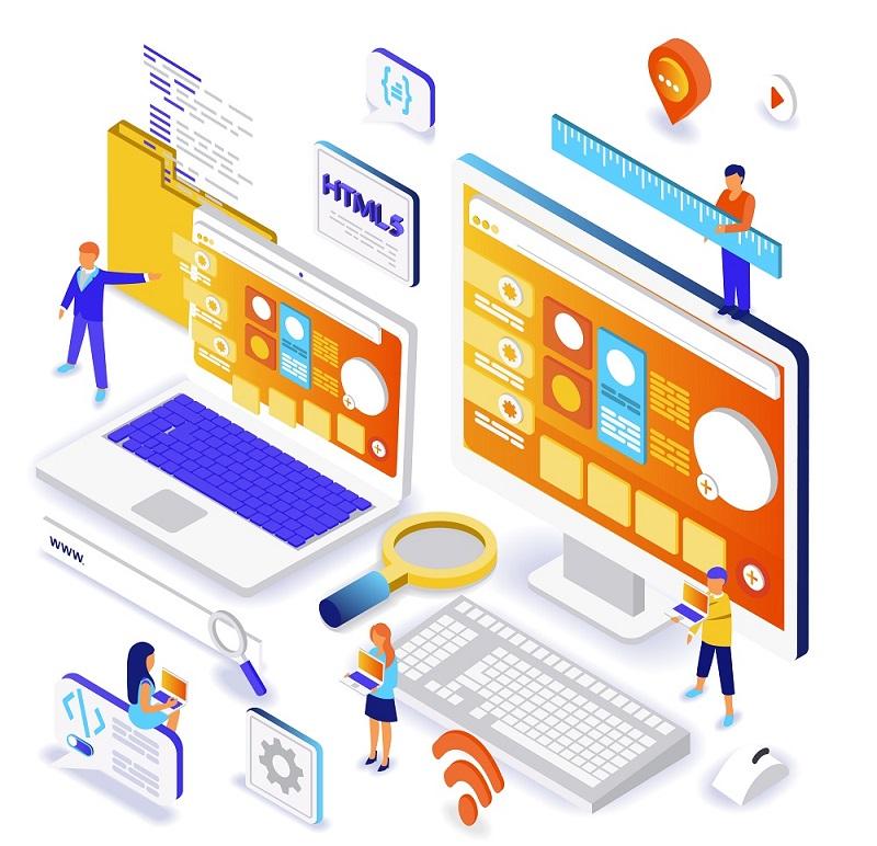 Web development modern flat design isometric concept. Developer and people concept. Landing page template. Conceptual isometric vector illustration for web and graphic design.